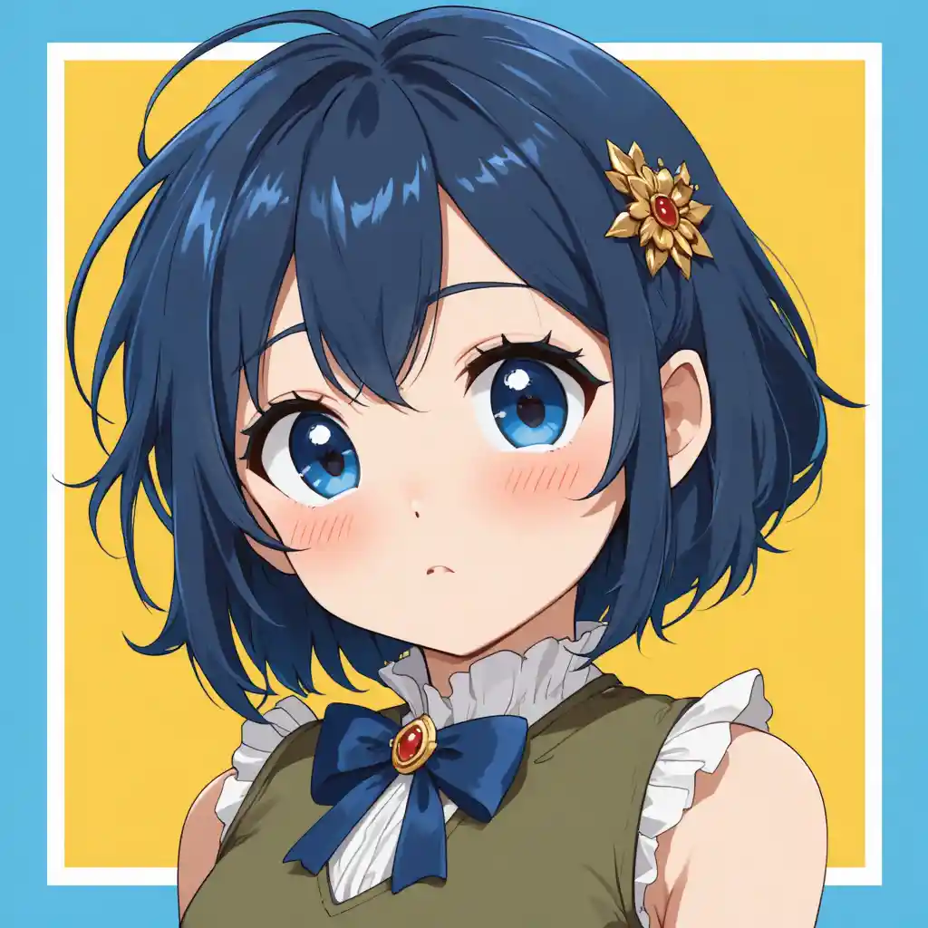 Cute anime girl in green dress on bright yellow background