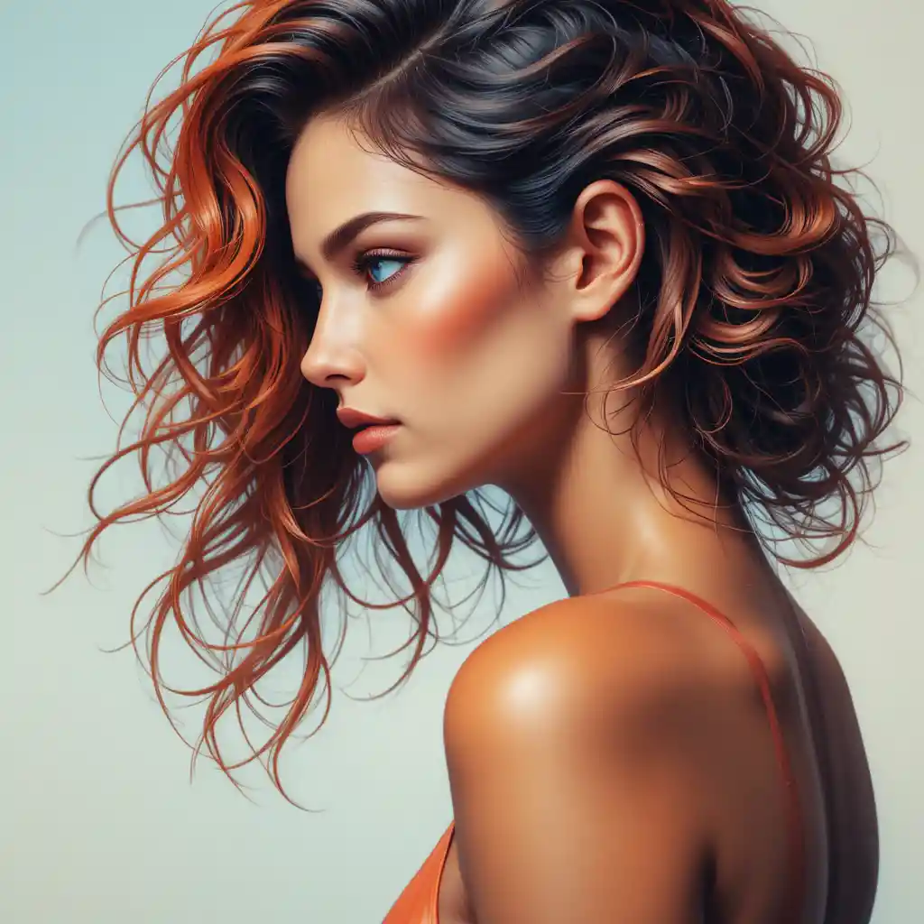 Contemplative woman in profile with vivid orange and black hair