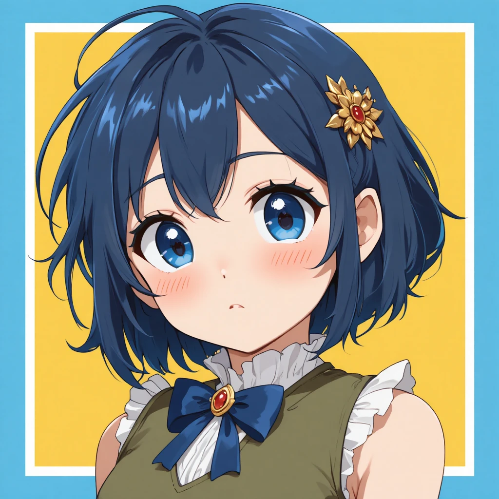 Cute anime girl in green dress on bright yellow background