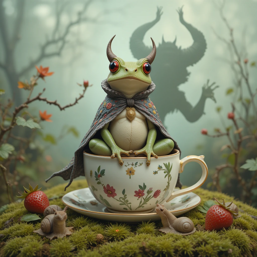 Frog On Teacup In Mossy Garden With Ominous Shadow