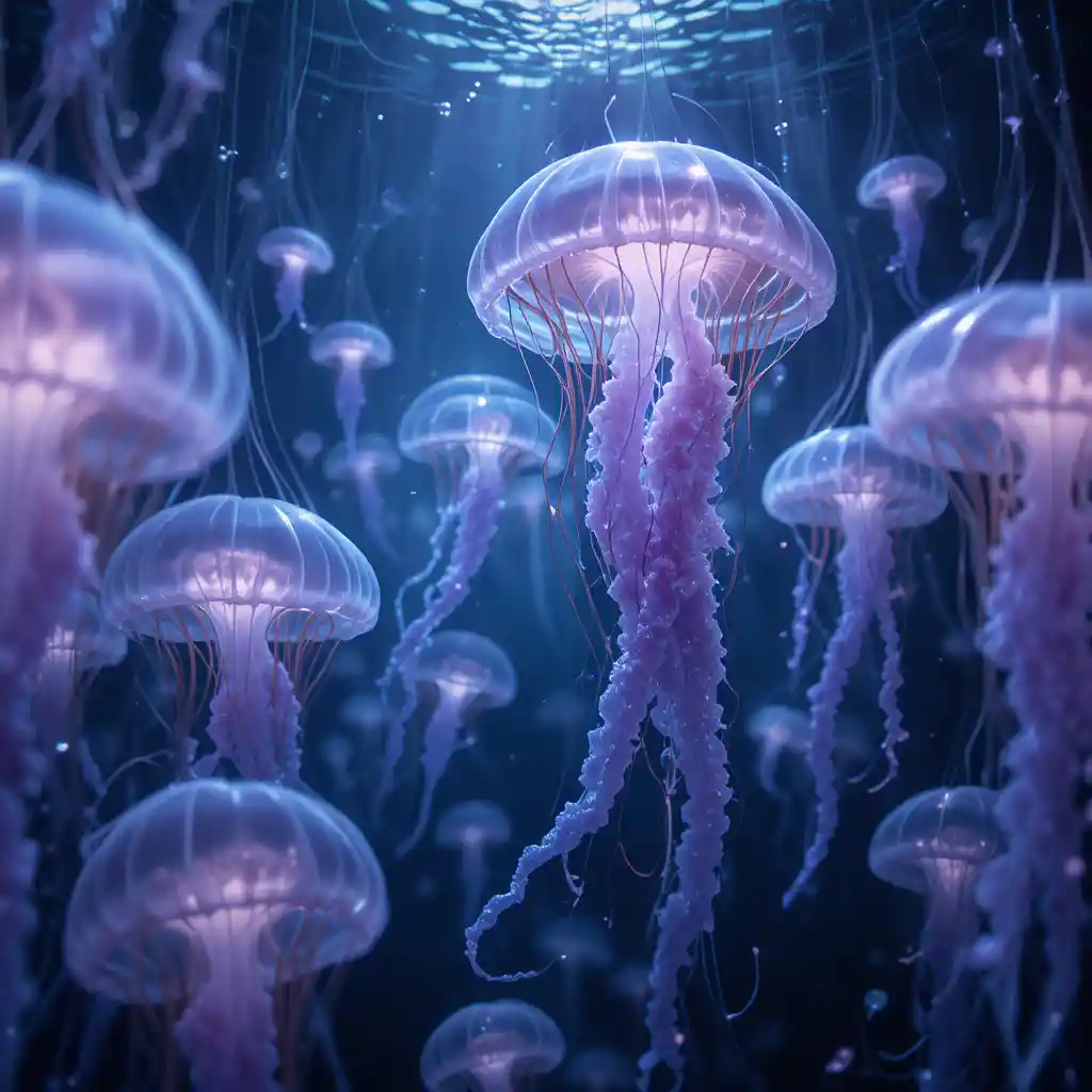 Underwater jellyfish with silver bells and purple heart tendrils