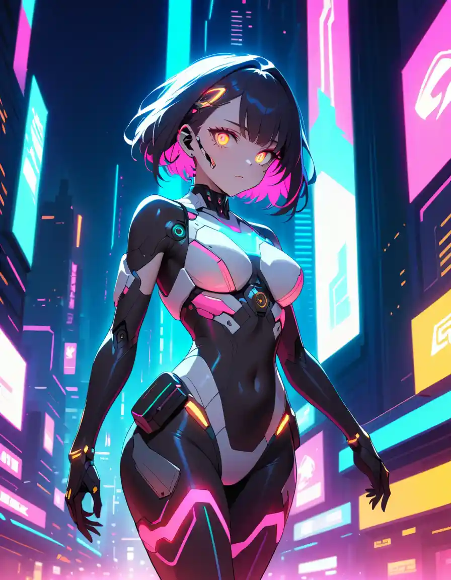 Cyborg futuriste avec implants néon dans une ville cyberpunk