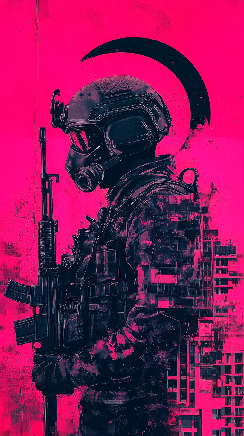Armored soldier dissolving into neon urban brushstrokes
