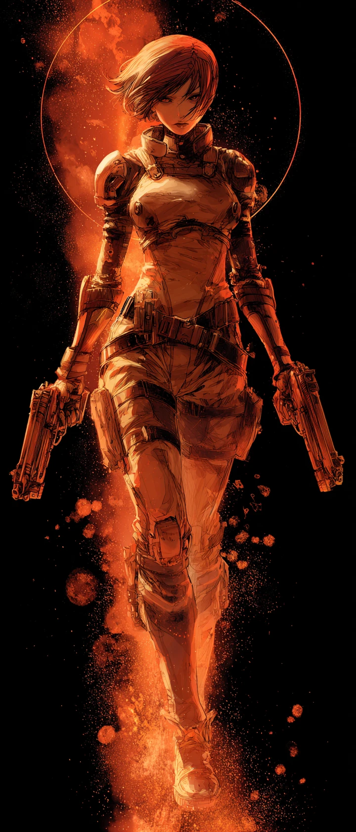 Scarred bounty hunter in flames at a burning spaceport