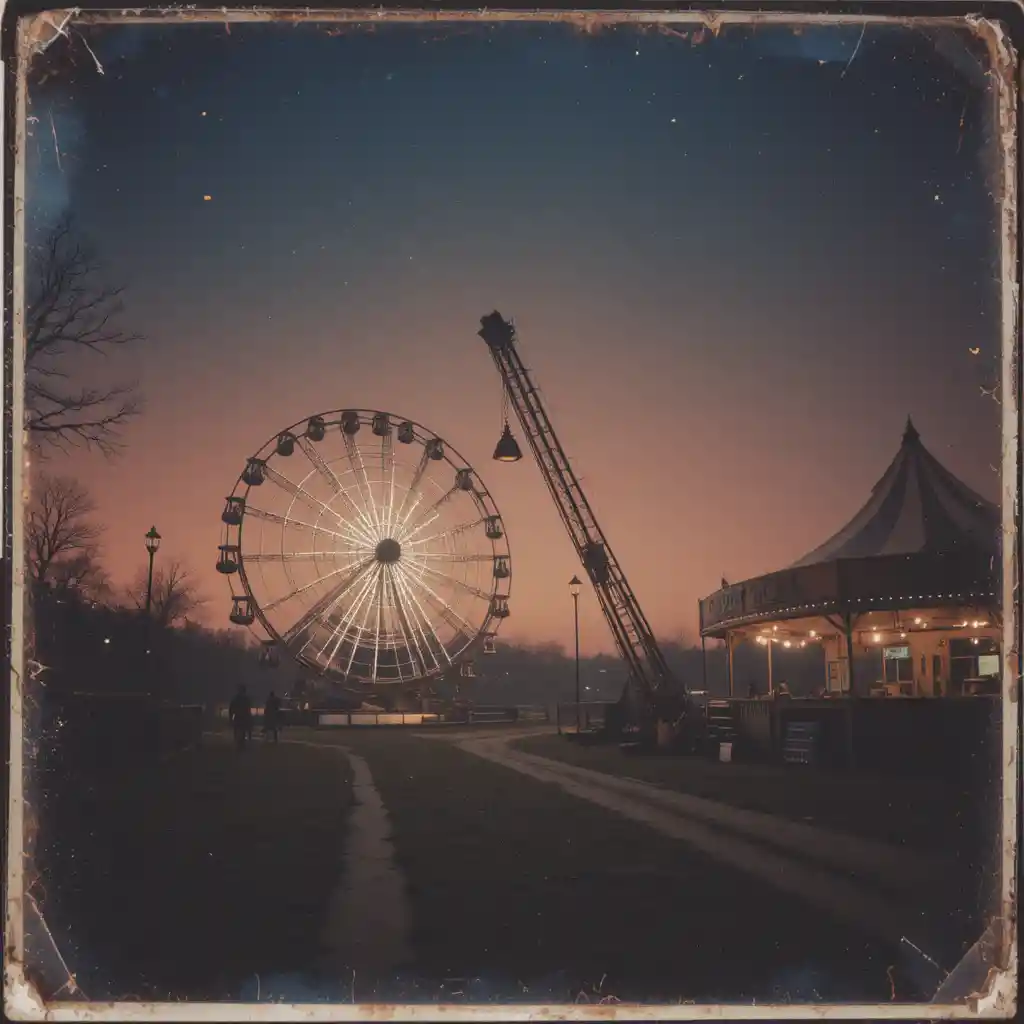 Sinistro luna park abbandonato con ruota panoramica tremolante al crepuscolo
