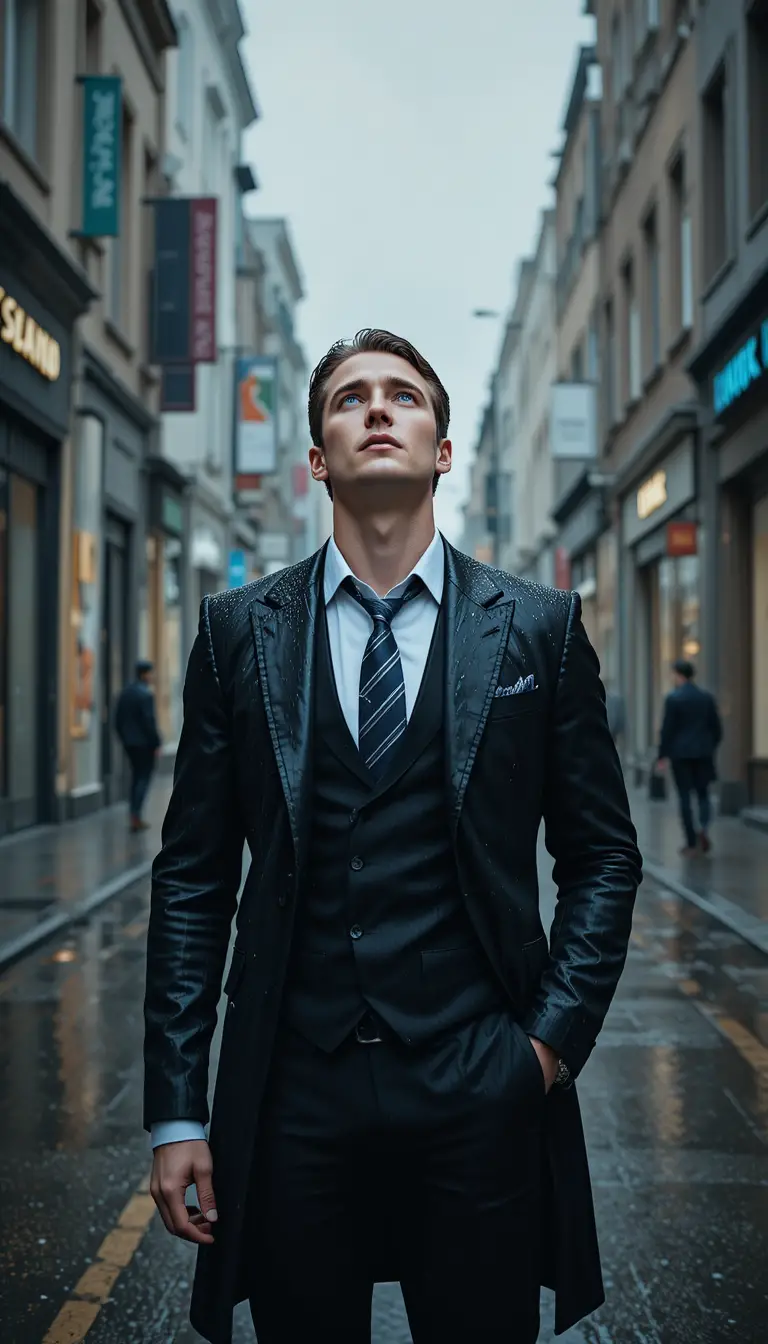 Man in a black suit standing in the rain at night