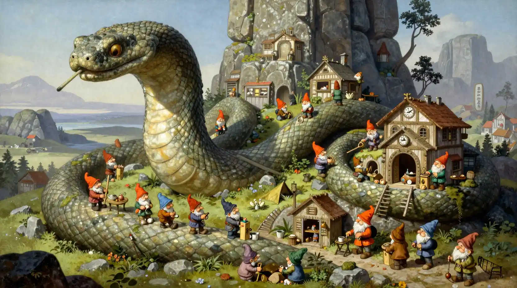 Gnome village winding through a colossal serpent statue