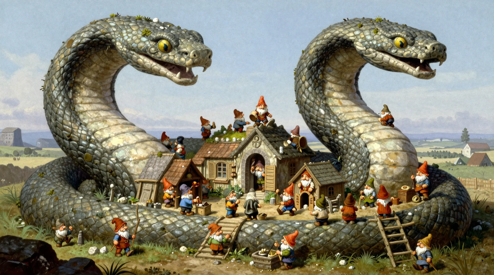Gnome village winding through a colossal stone serpent