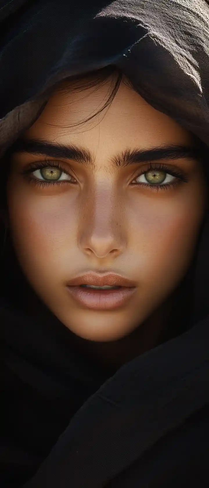 Young bedouin woman close up in minimalist desert portrait