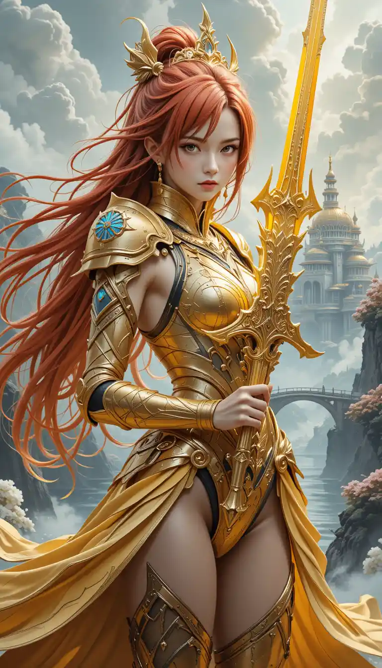 Guerreiro de anime com armadura dourada diante de um palácio de conto de fadas branco