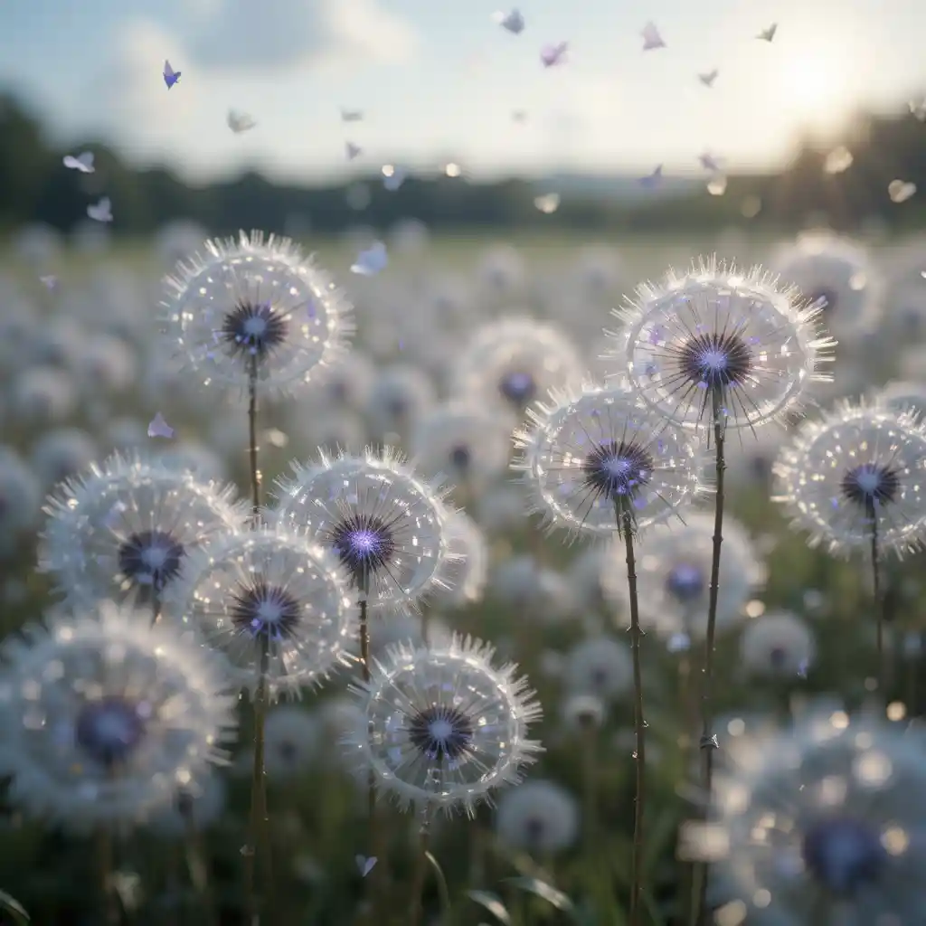 Campo di soffioni d’argento con cuori di cristallo che salgono in volo