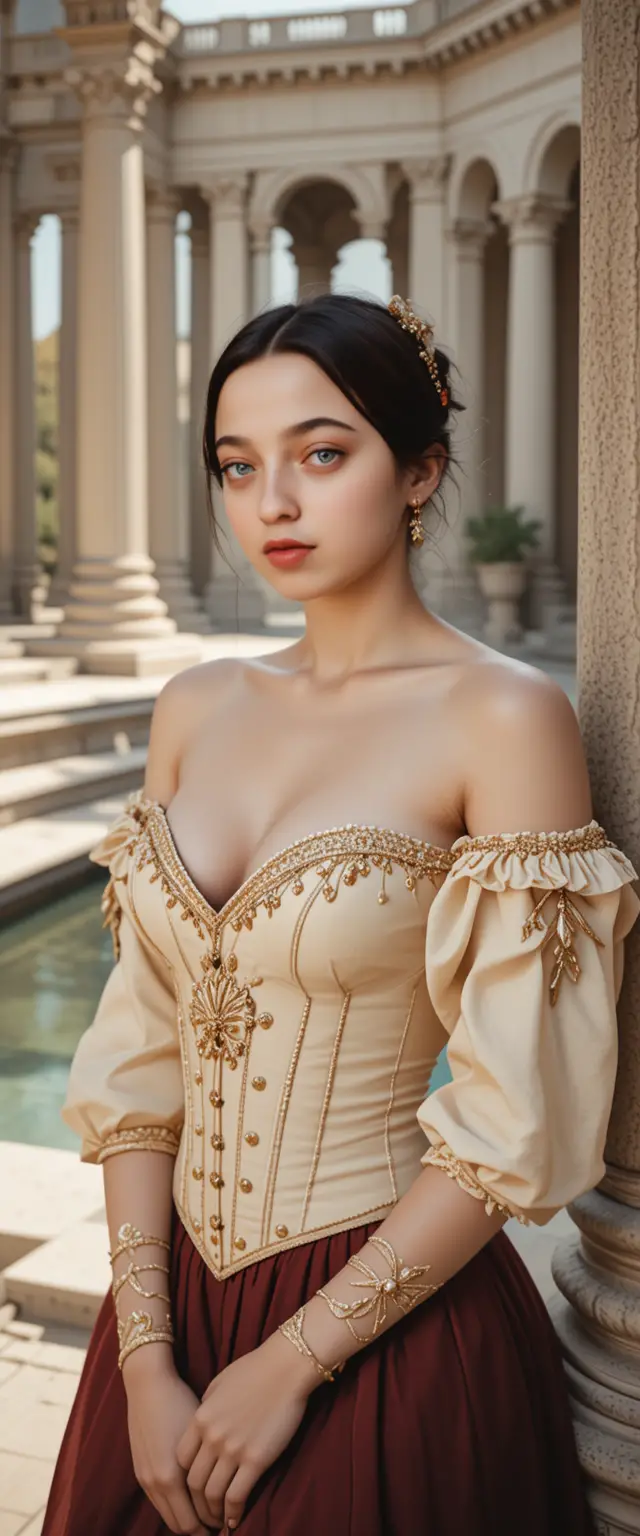 Blonde woman in ornate corset by classical outdoor pool