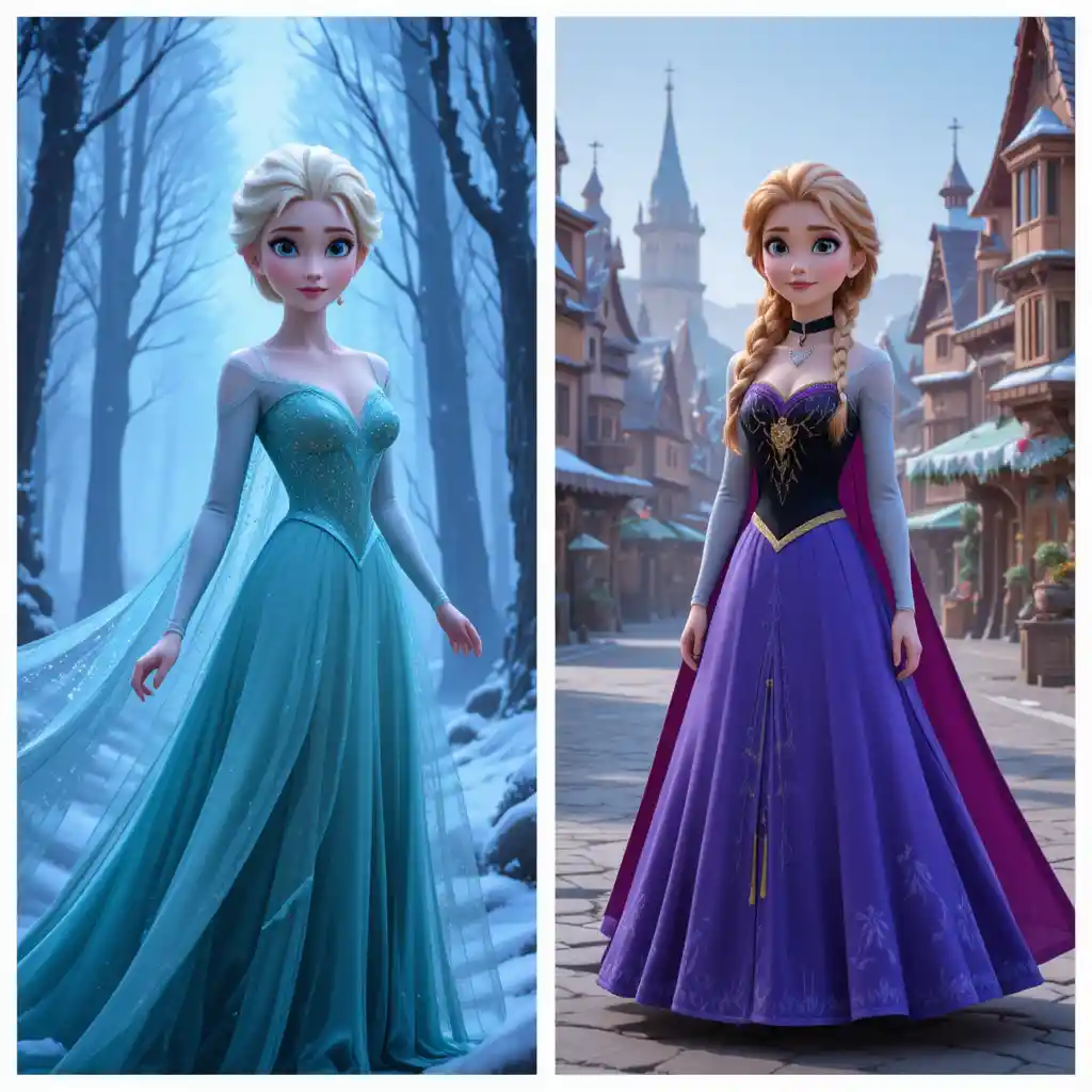 Split screen of two princess sisters in magical settings