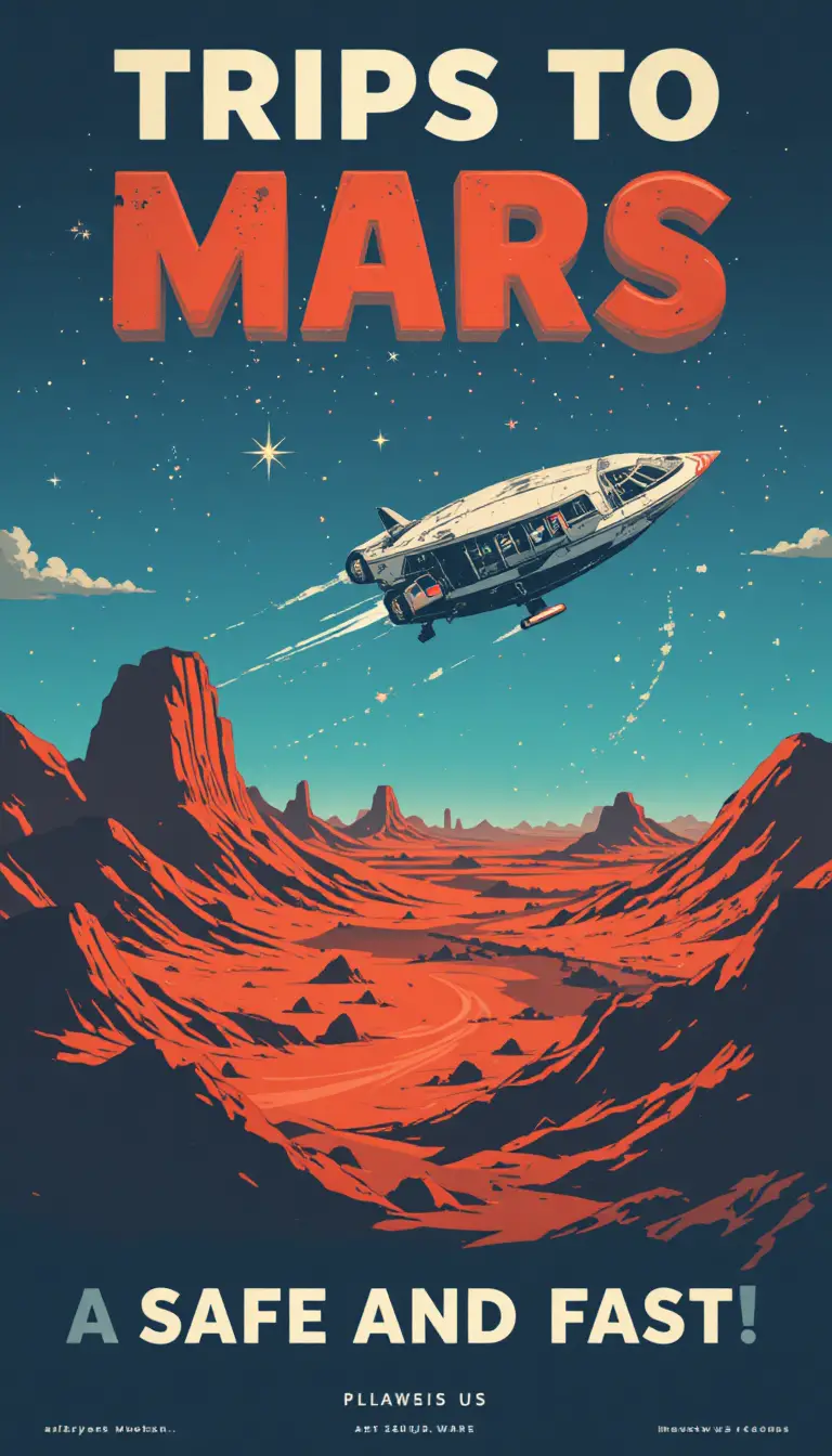 Póster en color que promociona un viaje seguro y rápido a Marte