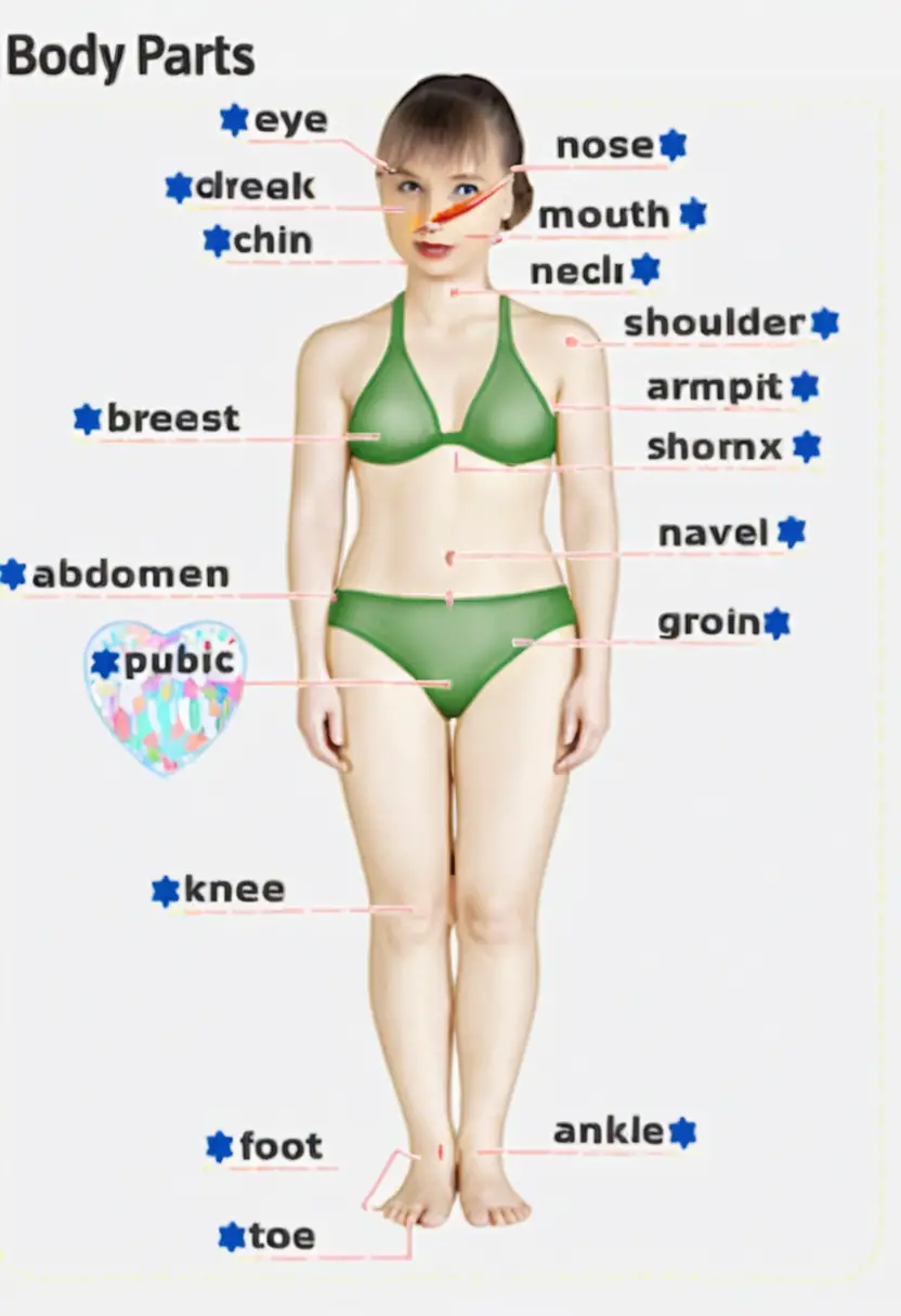 Labeled female body parts educational anatomy illustration