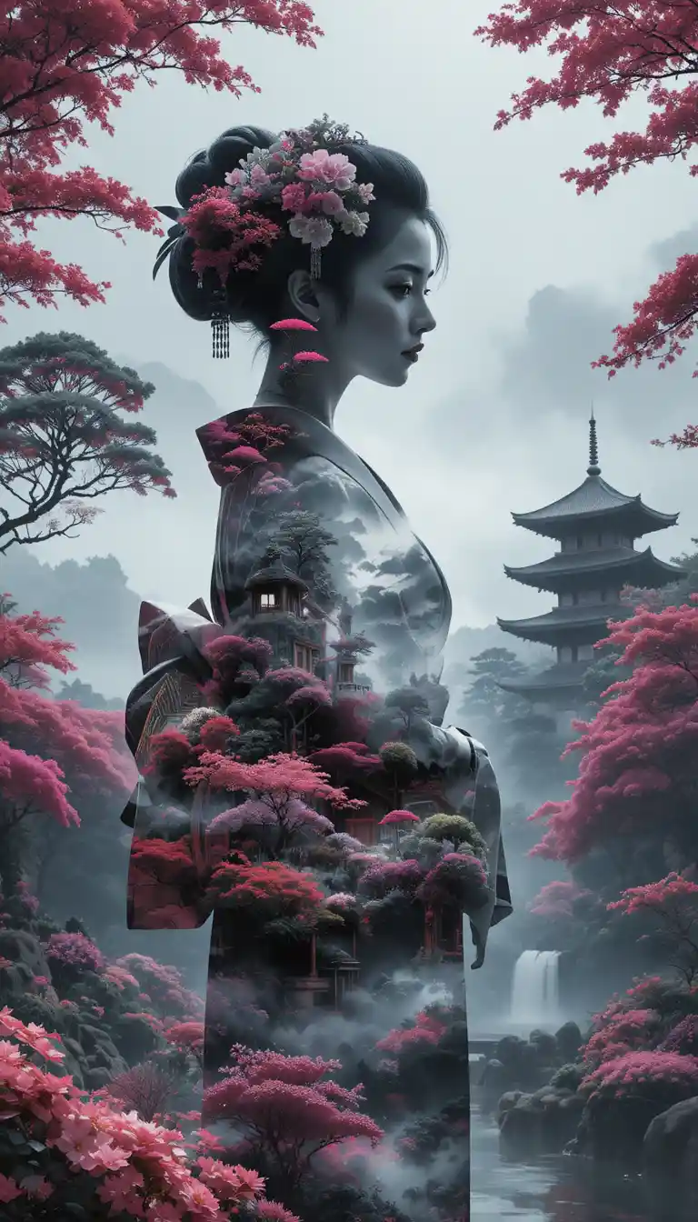 Monochrome geisha silhouette with double exposure pagodas