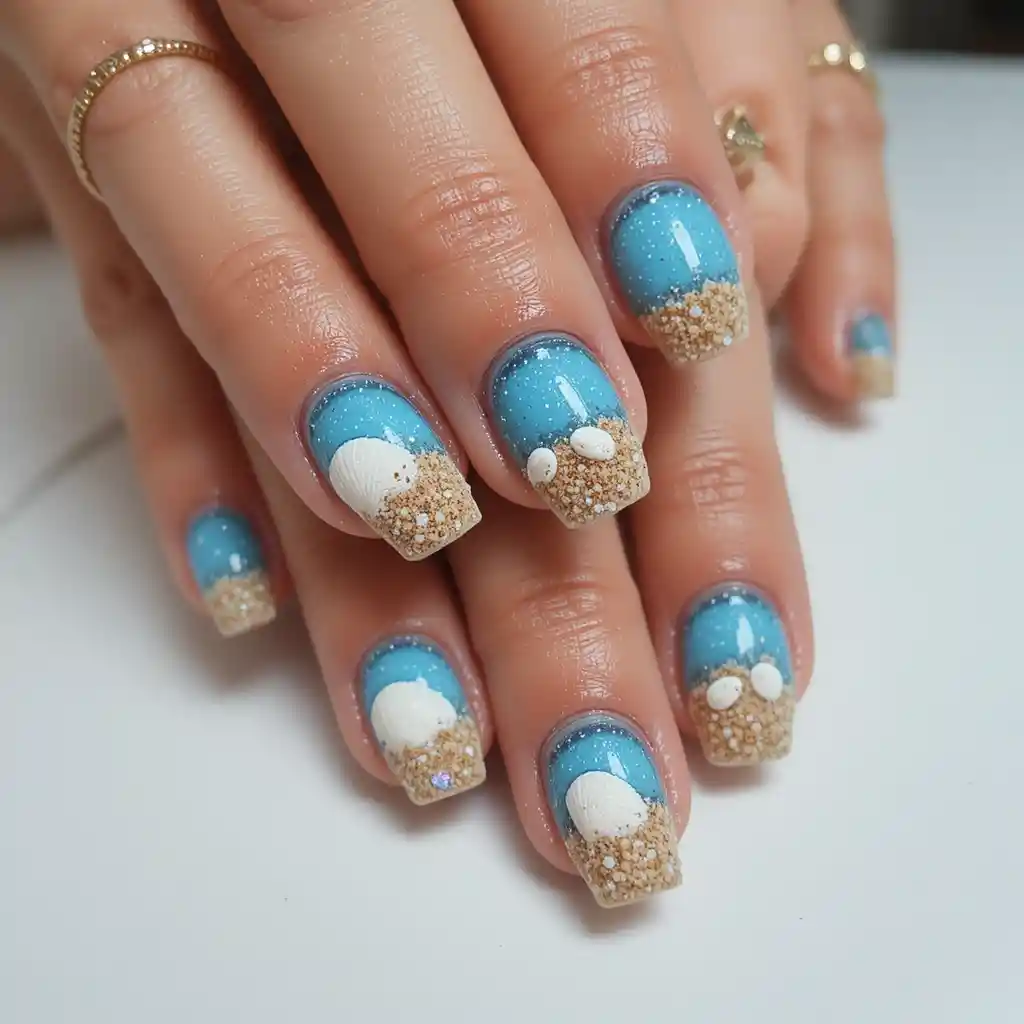 Strand-Nailart mit Sand-Spitzen und Muscheln