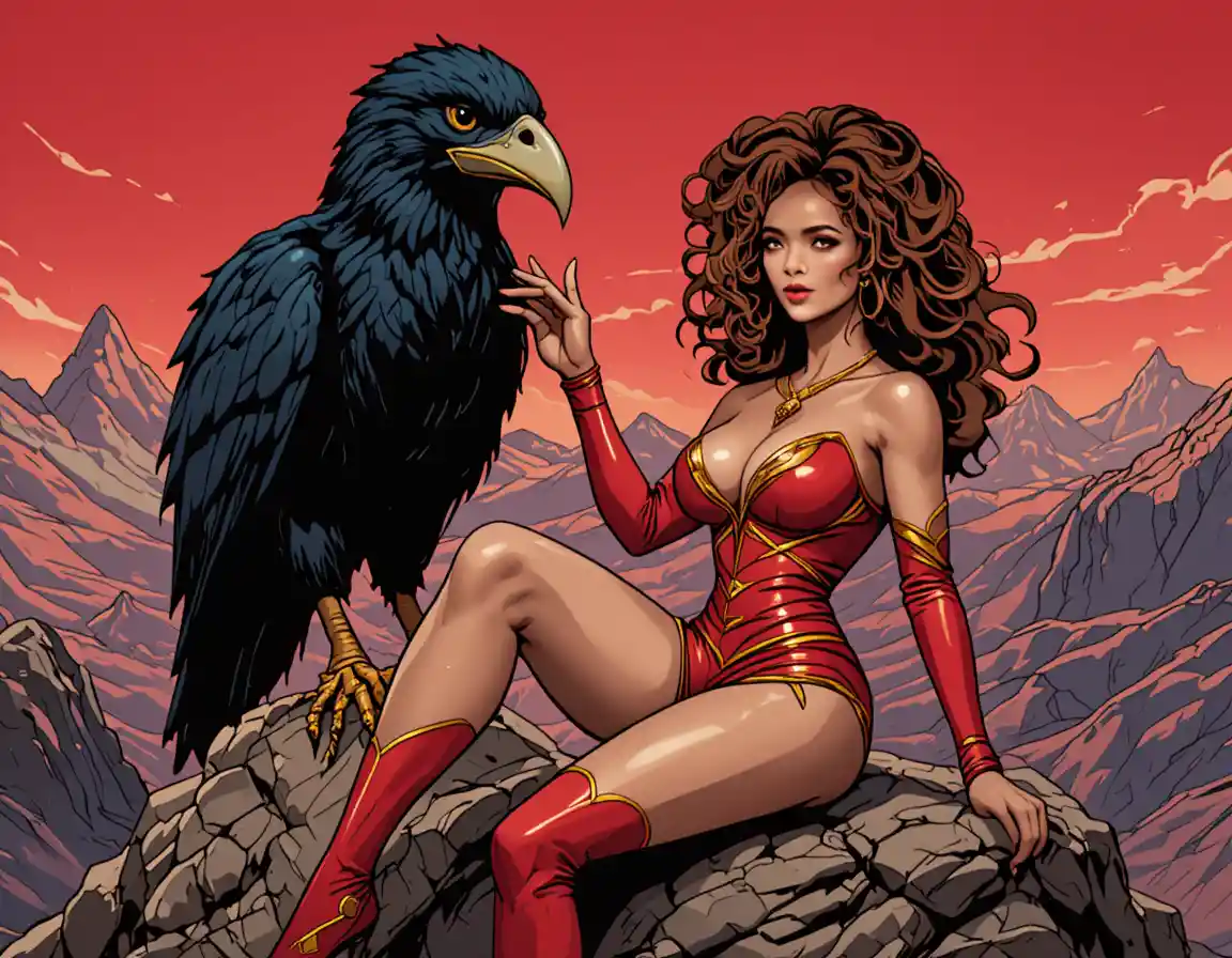 Seductive woman with black bird under wild red sky