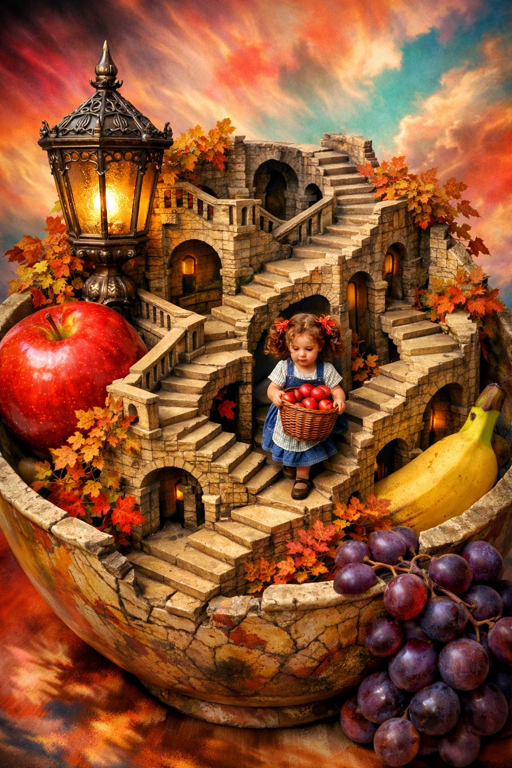 Escalera tallada surrealista que crece de un cuenco de fruta