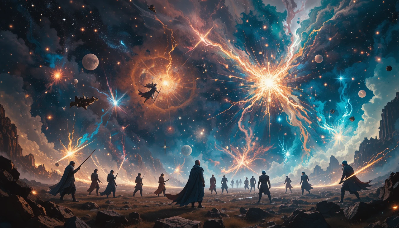 Celestial warriors battling across a vibrant cosmic nebula sky