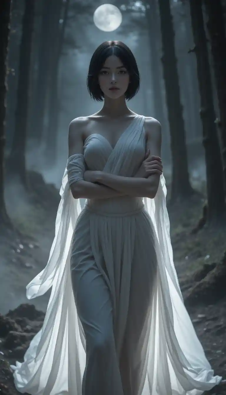 Mystical woman in white walking through a moonlit forest