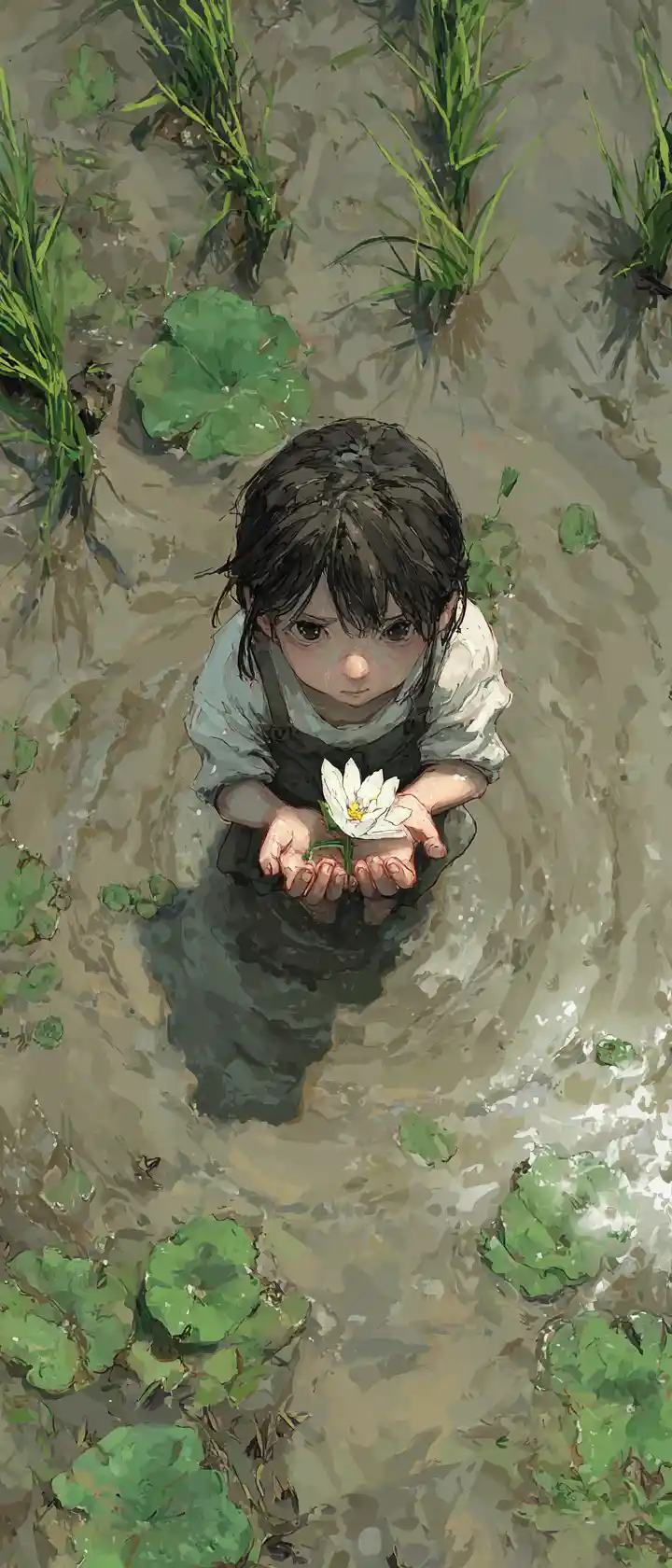 Young girl holding lotus in flooded rice field after storm