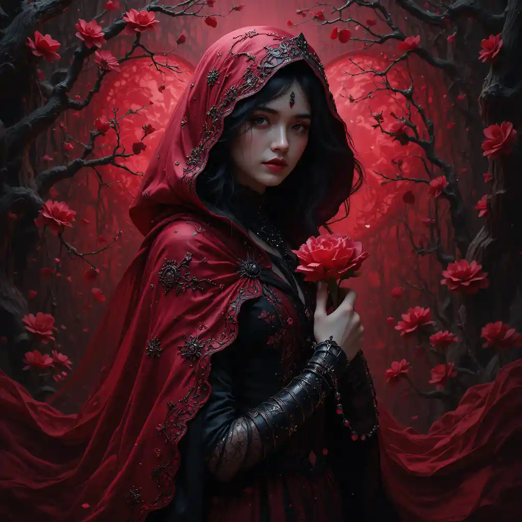 Gothic Red Riding Hood In A Dark Valentines Fantasy Scene