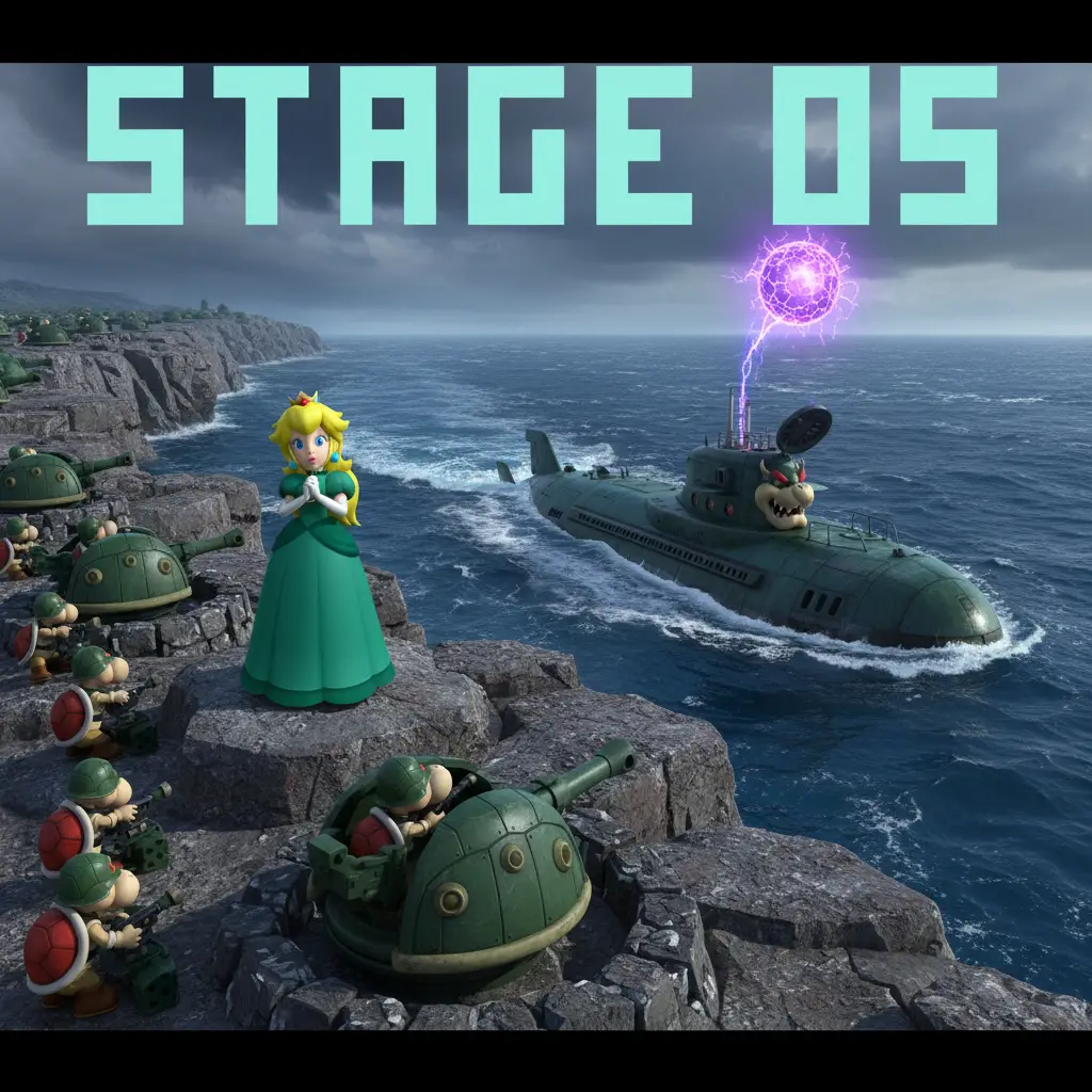 Princesse guerrière menant les Koopas sur un front maritime fortifié