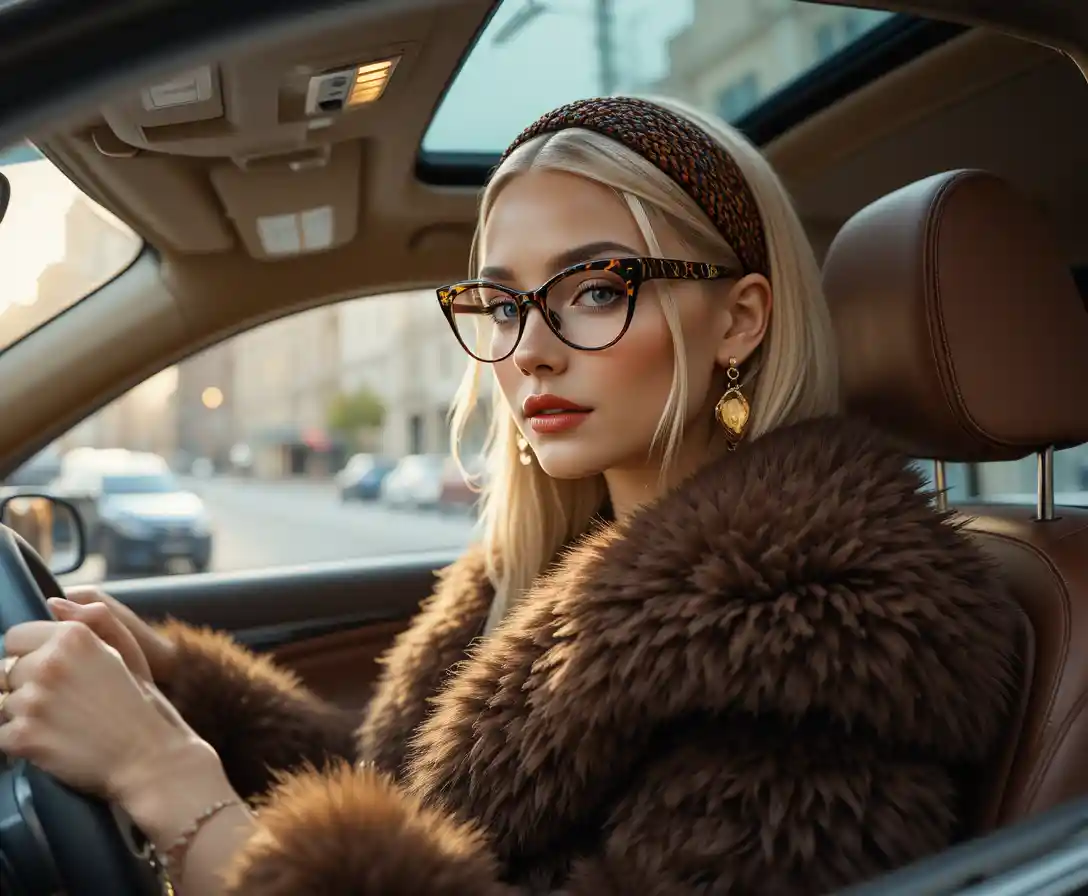 Elegant blonde woman driving a luxury car in style