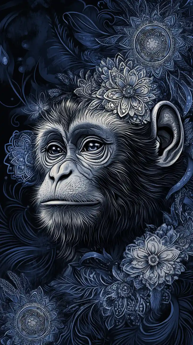 Surreal monkey illustration with intricate metallic mandala patterns