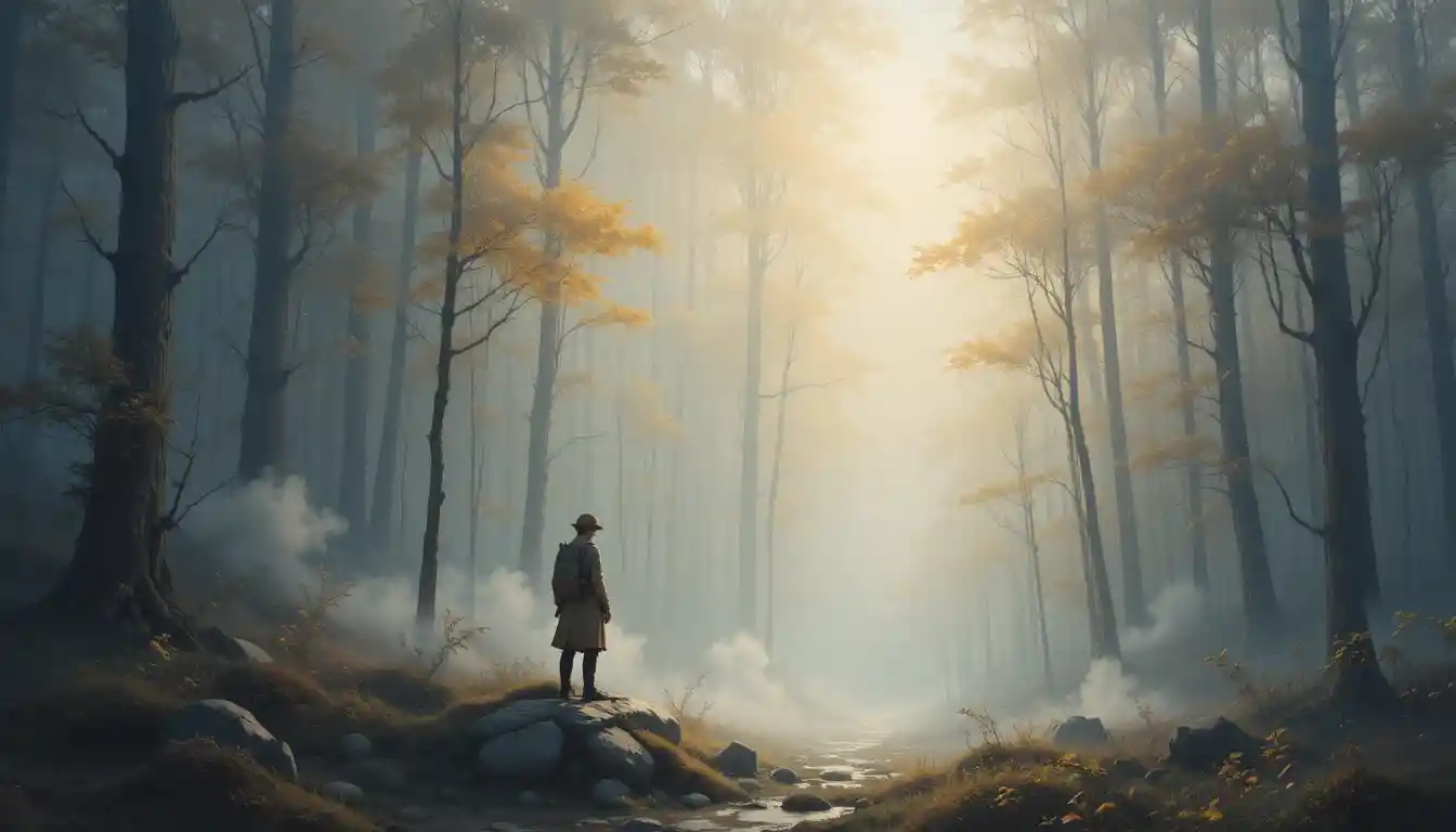 Lone explorer at the edge of a luminous mystical forest