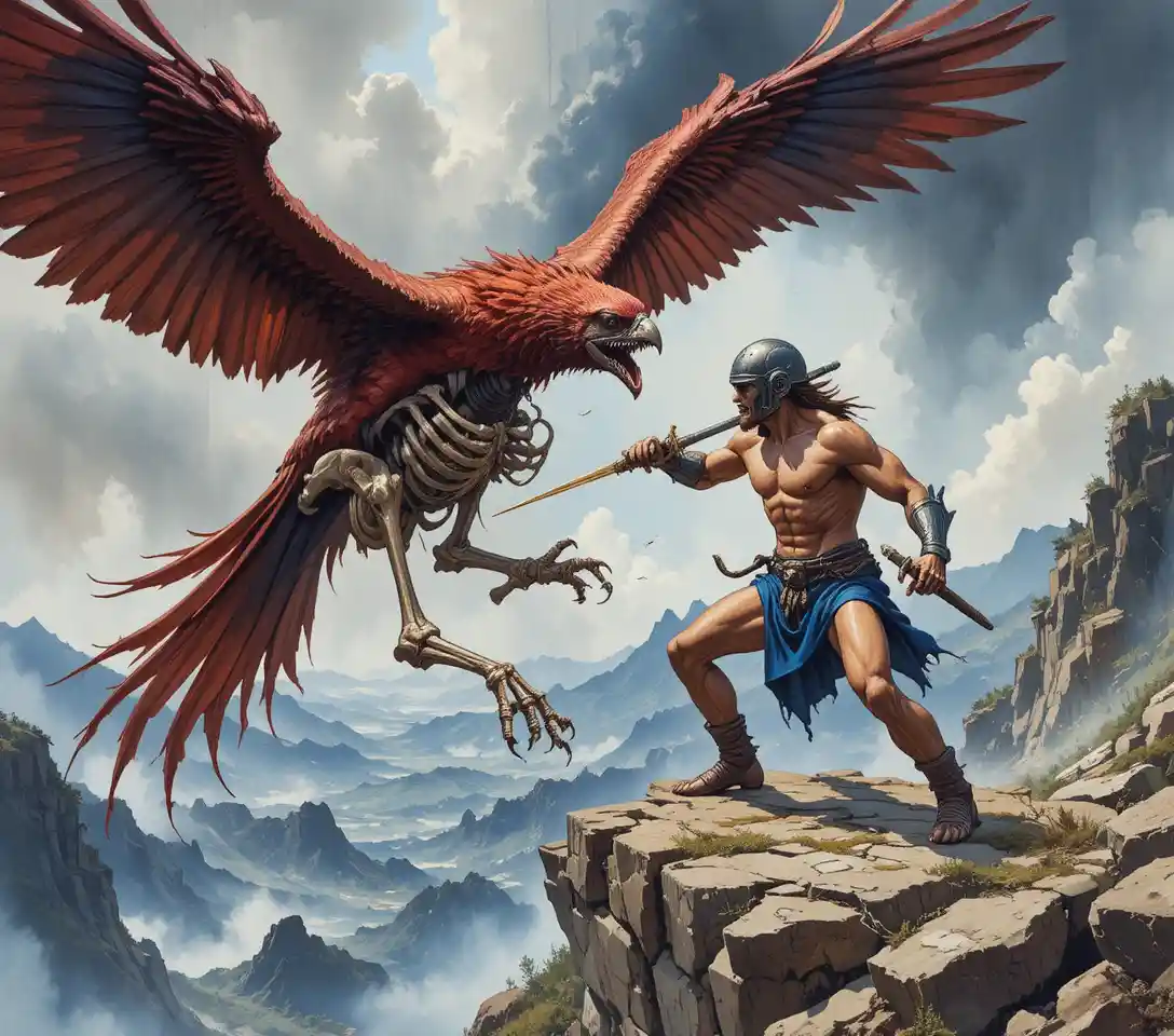 Warrior battling skeleton on a rocky cliff in stormy skies