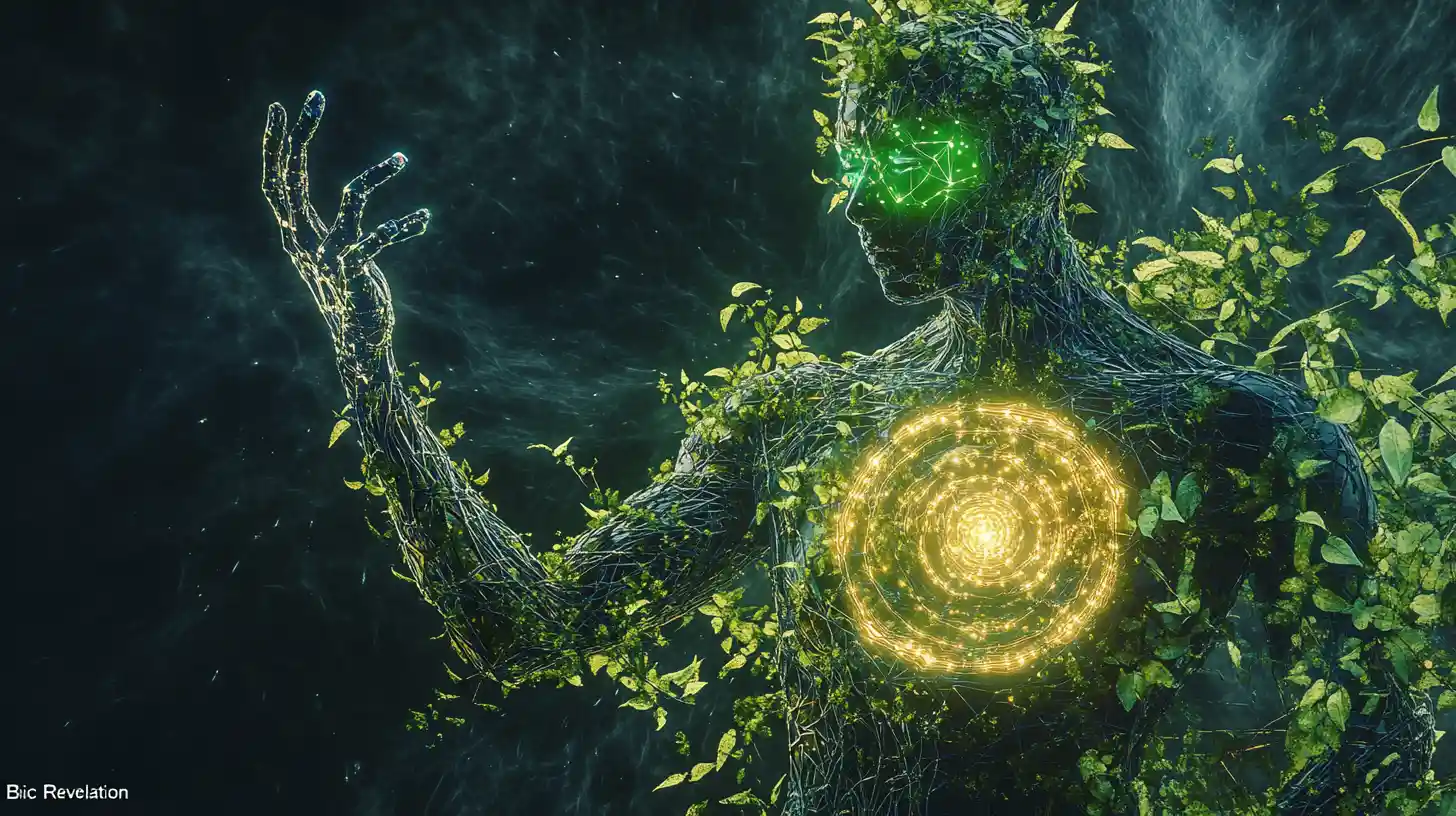 Eco tech humanoid guardian with glowing energy networks