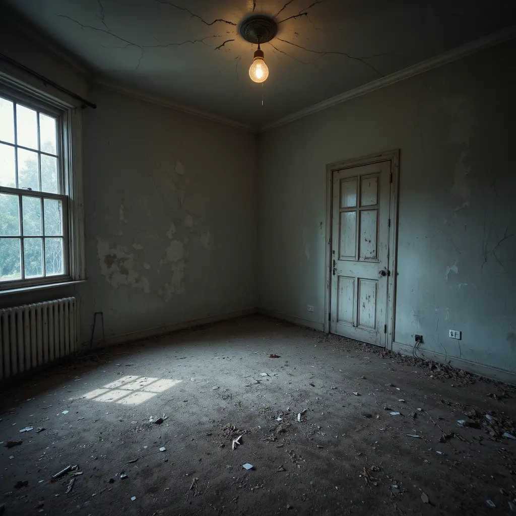 Dim Empty Bedroom With Worn Carpet And Cracked Walls