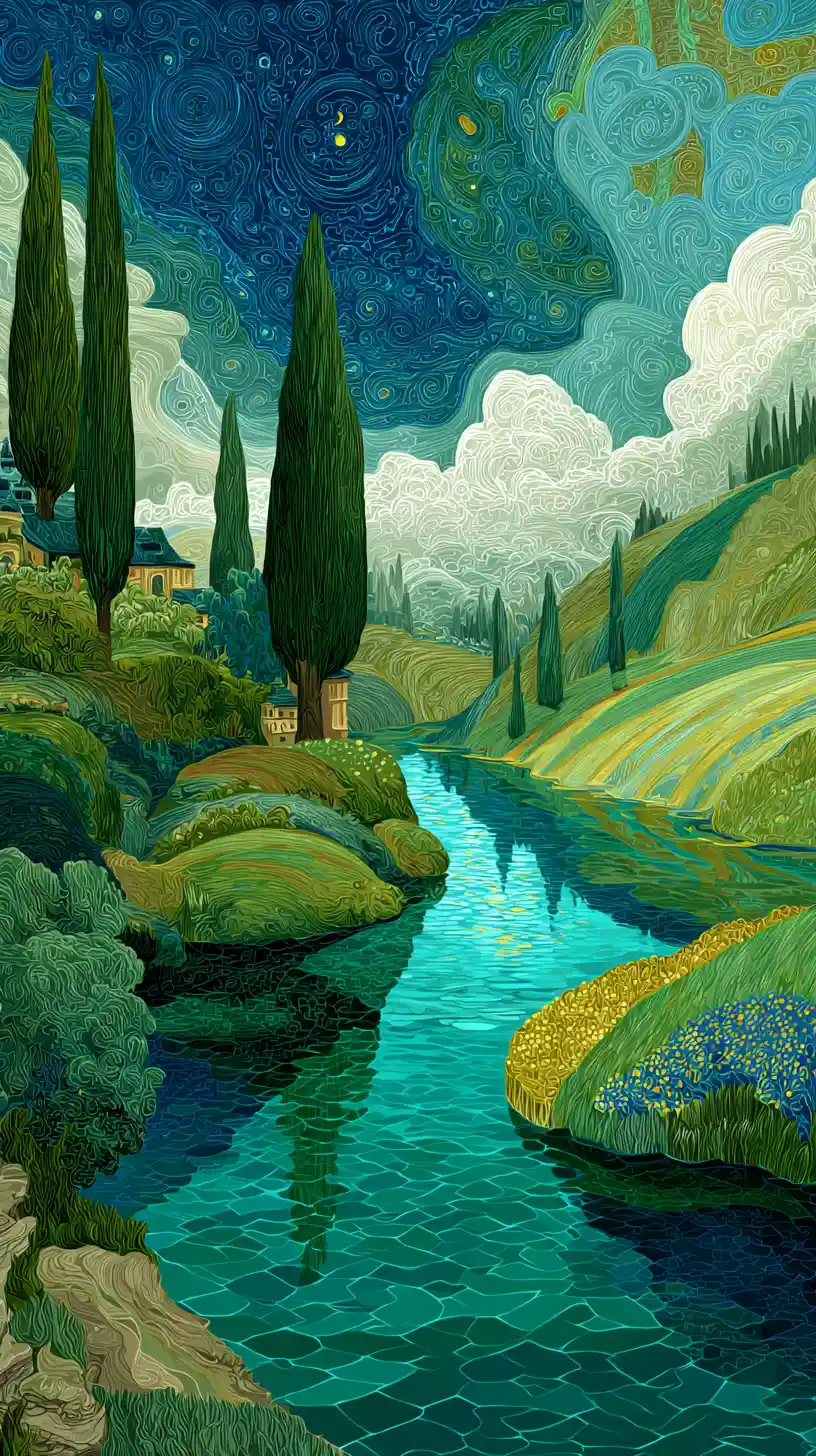 Serene River Meandering Through Lush Green Summer Hillside