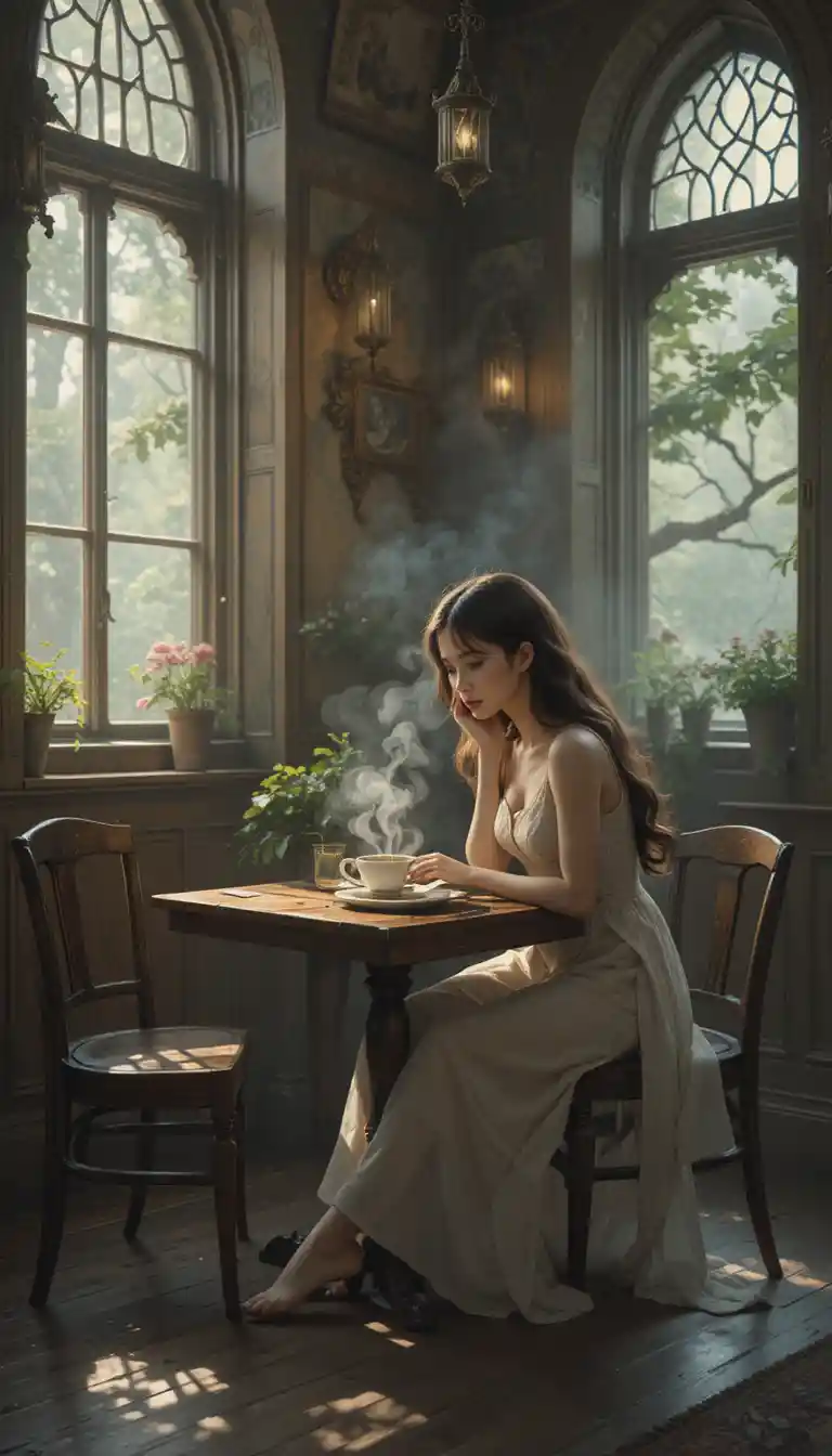 Jeune femme avec un café lors d’un matin calme au café