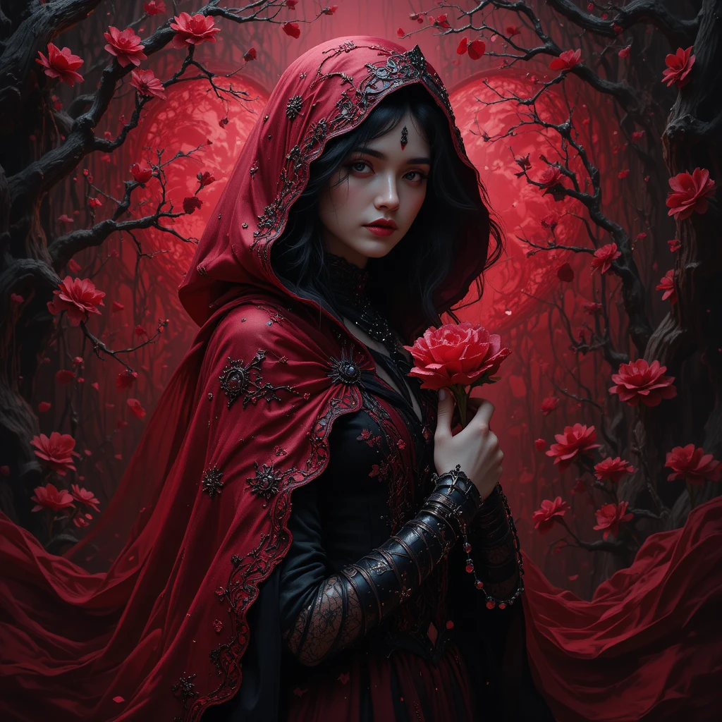 Gothic Red Riding Hood In A Dark Valentines Fantasy Scene