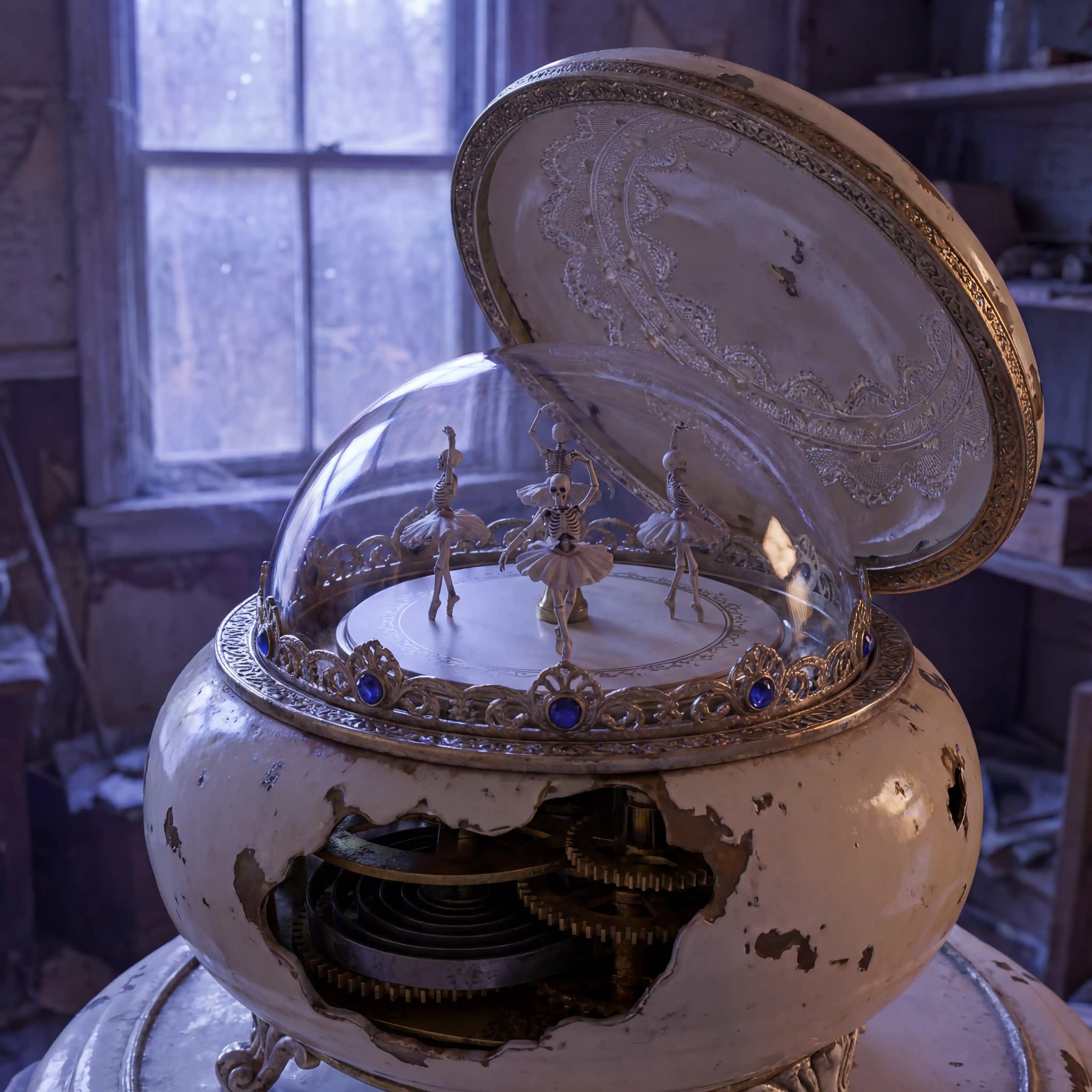 Porcelain music box with dancing skeleton ballerinas at dusk