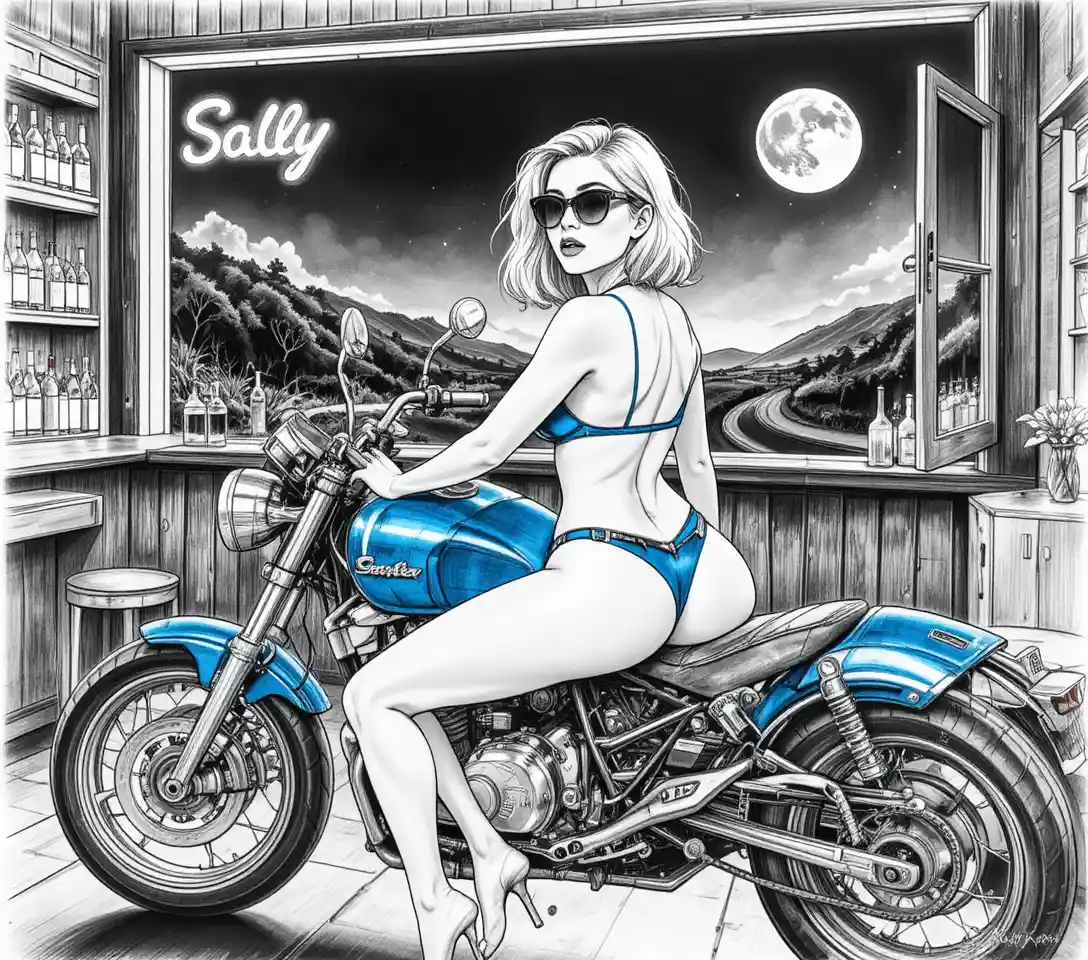 Rothaarige Frau auf dunkelblauem Motorrad in Neonbar