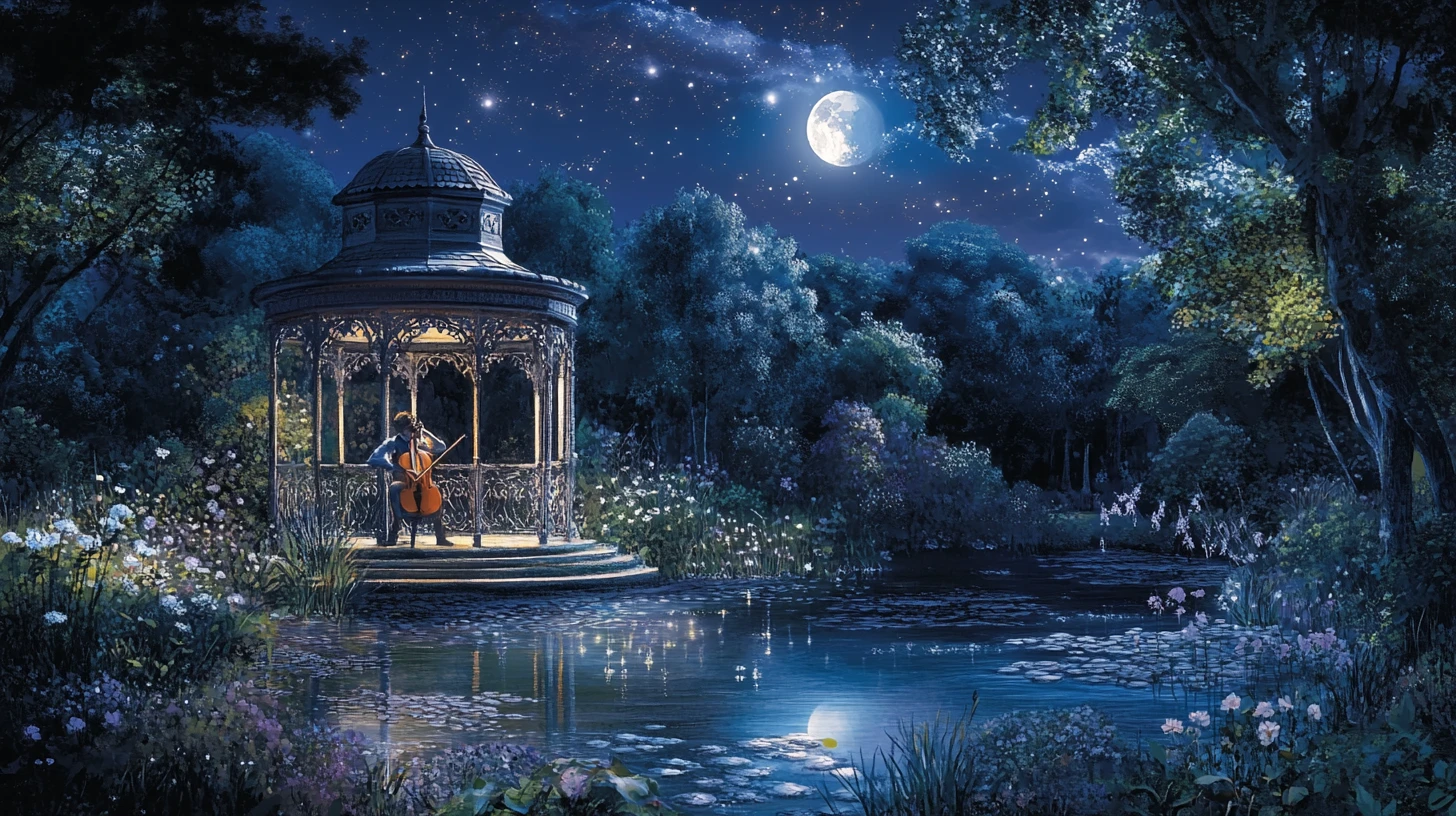 Violinista solitario che suona in un tranquillo giardino al chiaro di luna