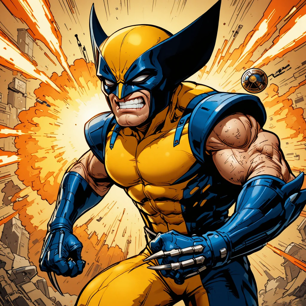 Close up comic illustration of a charging clawed superhero