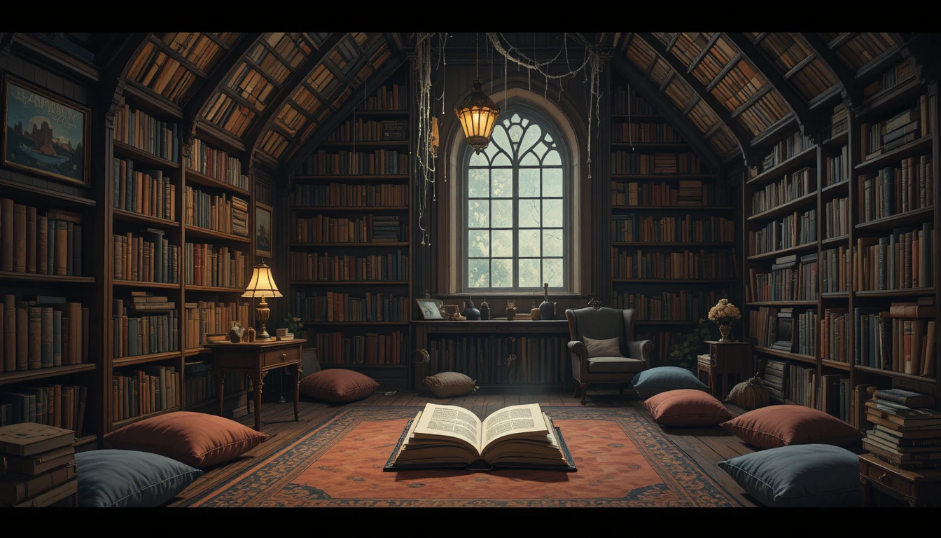 Cozy attic reading nook with warm lamplight and books