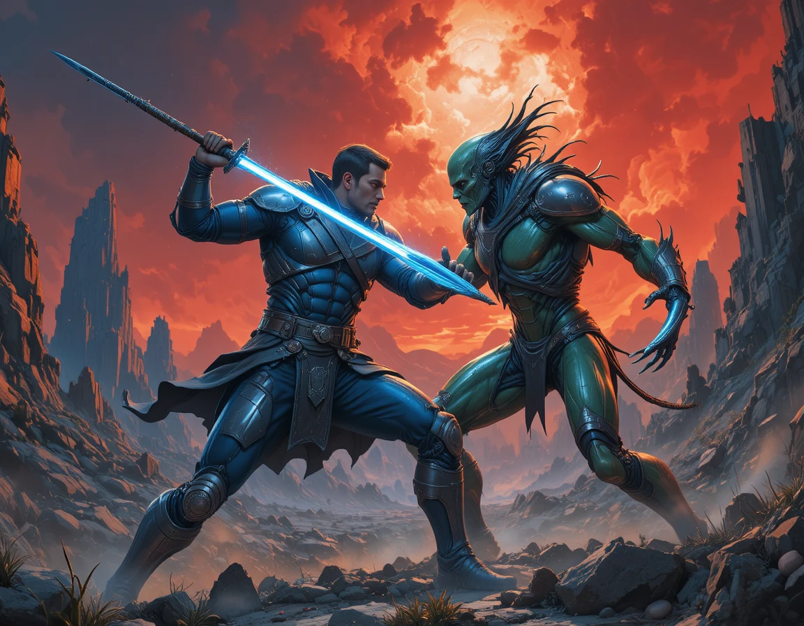 Epic duel between human warrior and cyborg creature