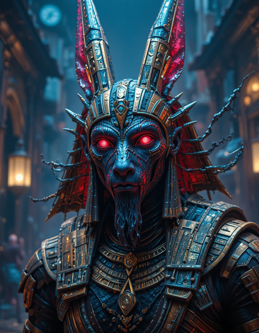 Egyptian god Anubis in a neon futuristic cyberpunk city