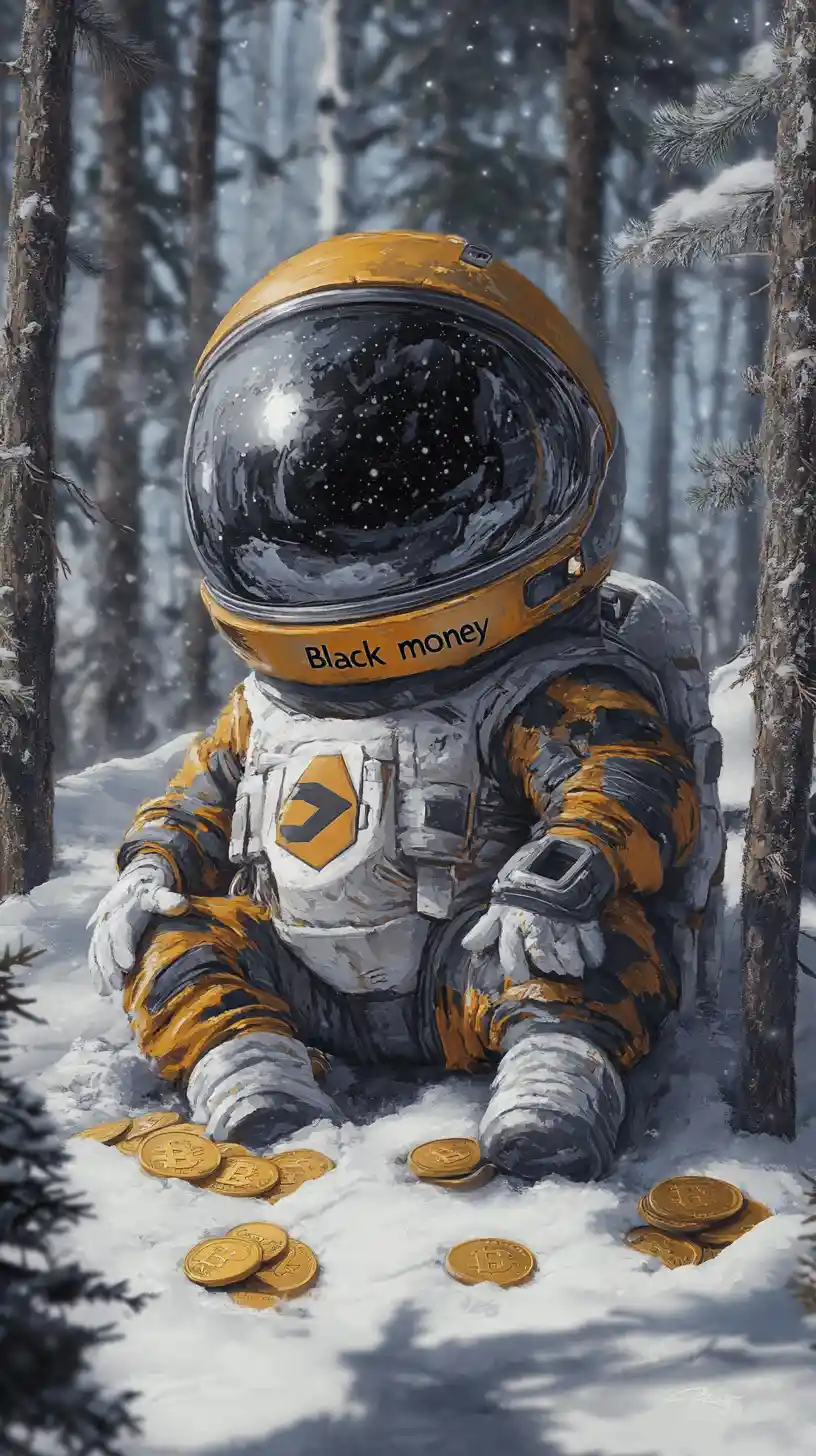 Astronaut egg piggy bank in snowy birch forest with coins