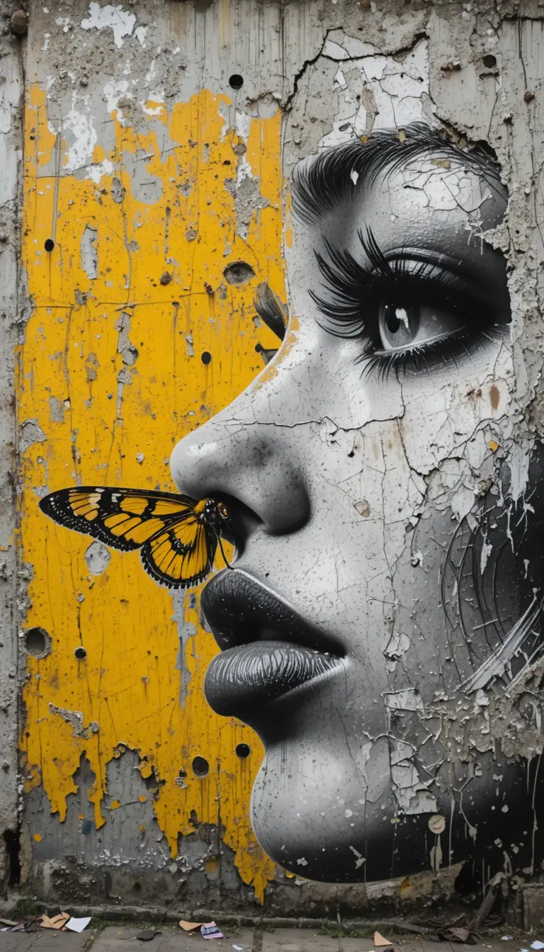 Mural urbano de ojo y labios de mujer con una polilla