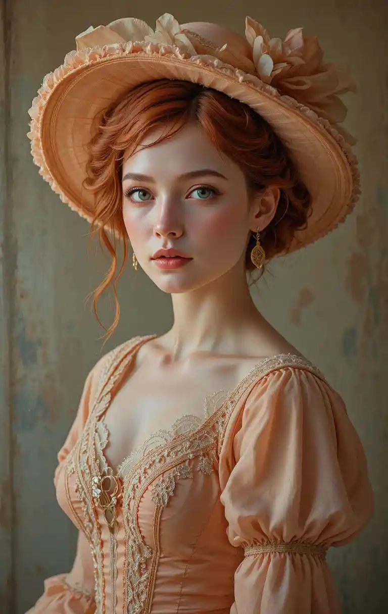 Fantasy woman in peach Victorian dress at golden hour