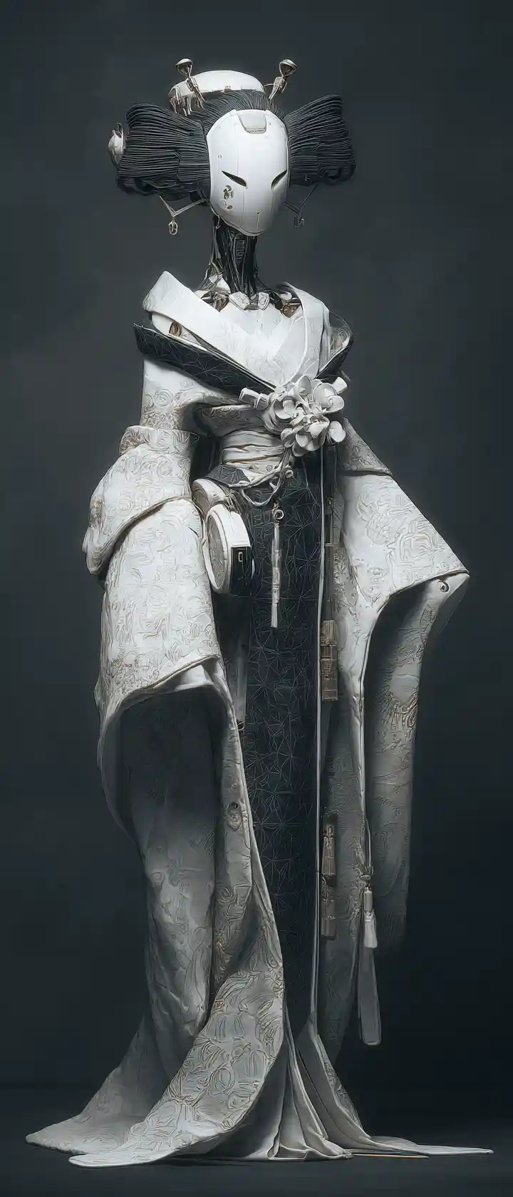 Futuristic Geisha Robot In Dark Cyberpunk Portrait