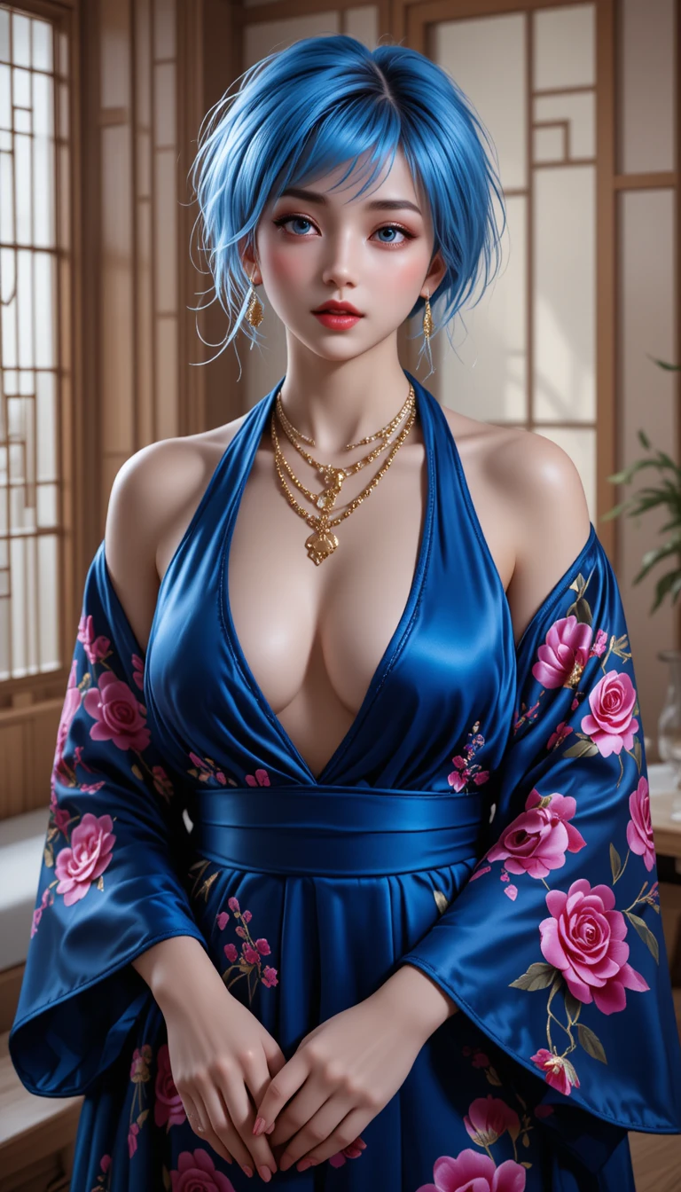 竹の部屋で青い花柄の着物をまとったアジア人女性