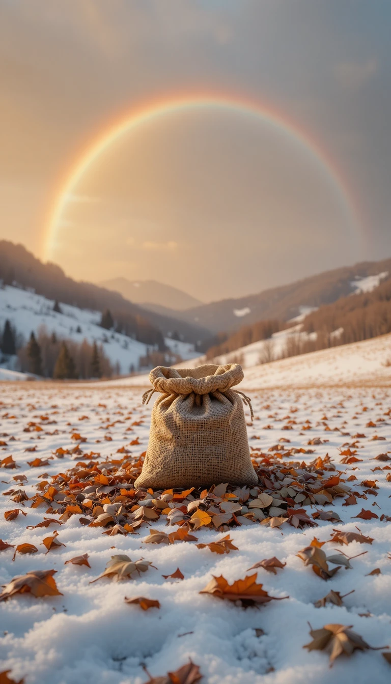 Sacco marrone solitario sotto un arcobaleno tra colline innevate